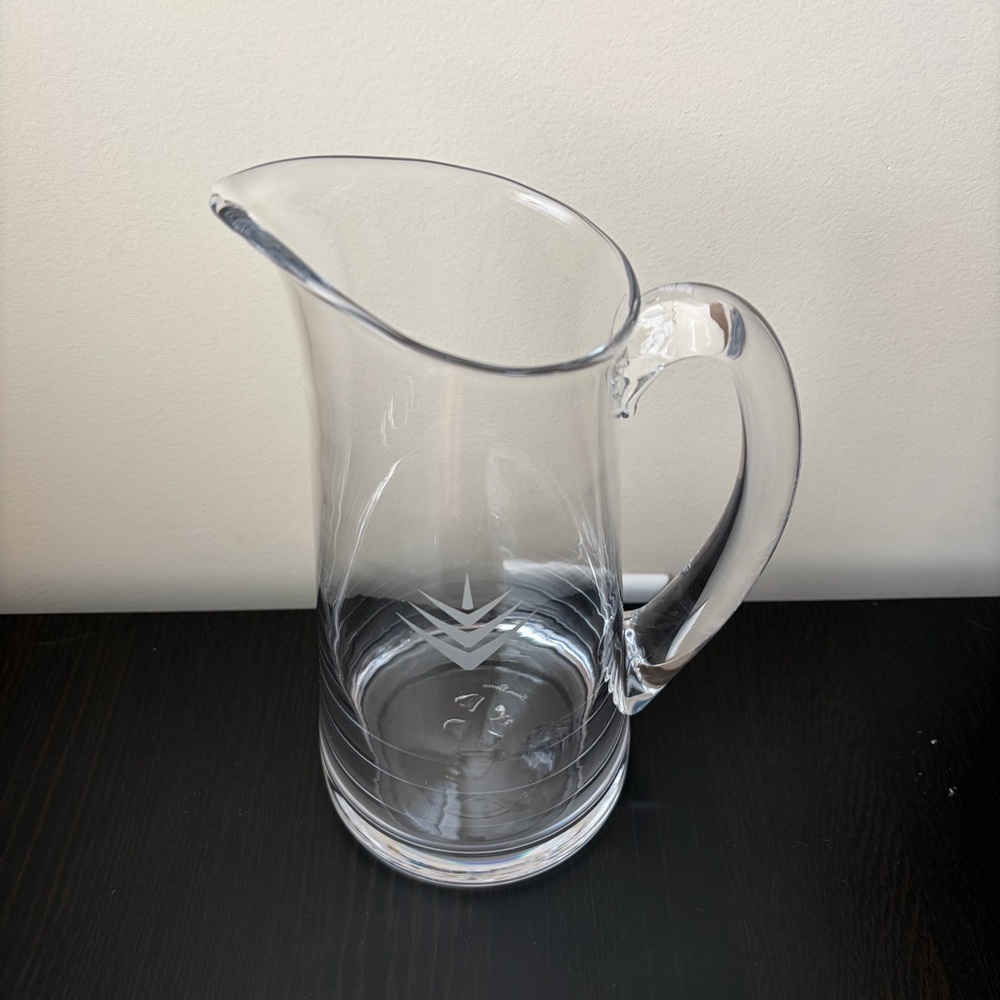 Simon Pearce Clear Glass Water Pitcher 9" High With Stacked Chevron Design